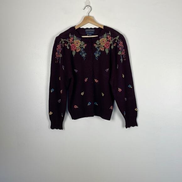 Herman Geist wool blend long sleeve button down floral embroidered sweater Large - Picture 1 of 9